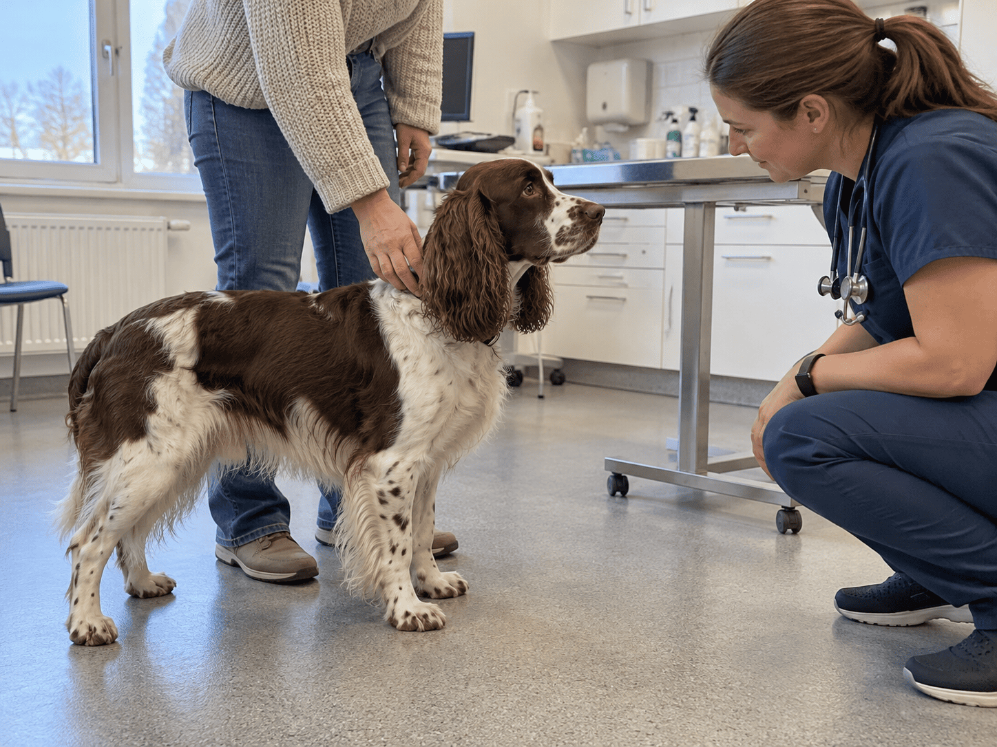 Veterinár pozoruje psa pri pomalej chôdzi počas neurologického vyšetrenia